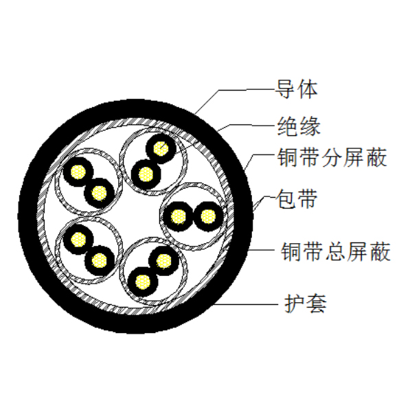 銅芯聚乙烯絕緣銅帶繞包分總屏蔽 聚氯乙烯護套計算機電纜-DJYP2VP2-300/500V